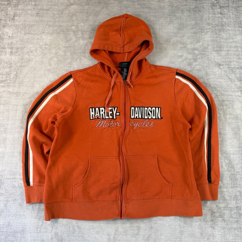 Harley Davidson Sweatshirt Womens 1W Orange Hoodie Y2K Embroidered Racing Stripe